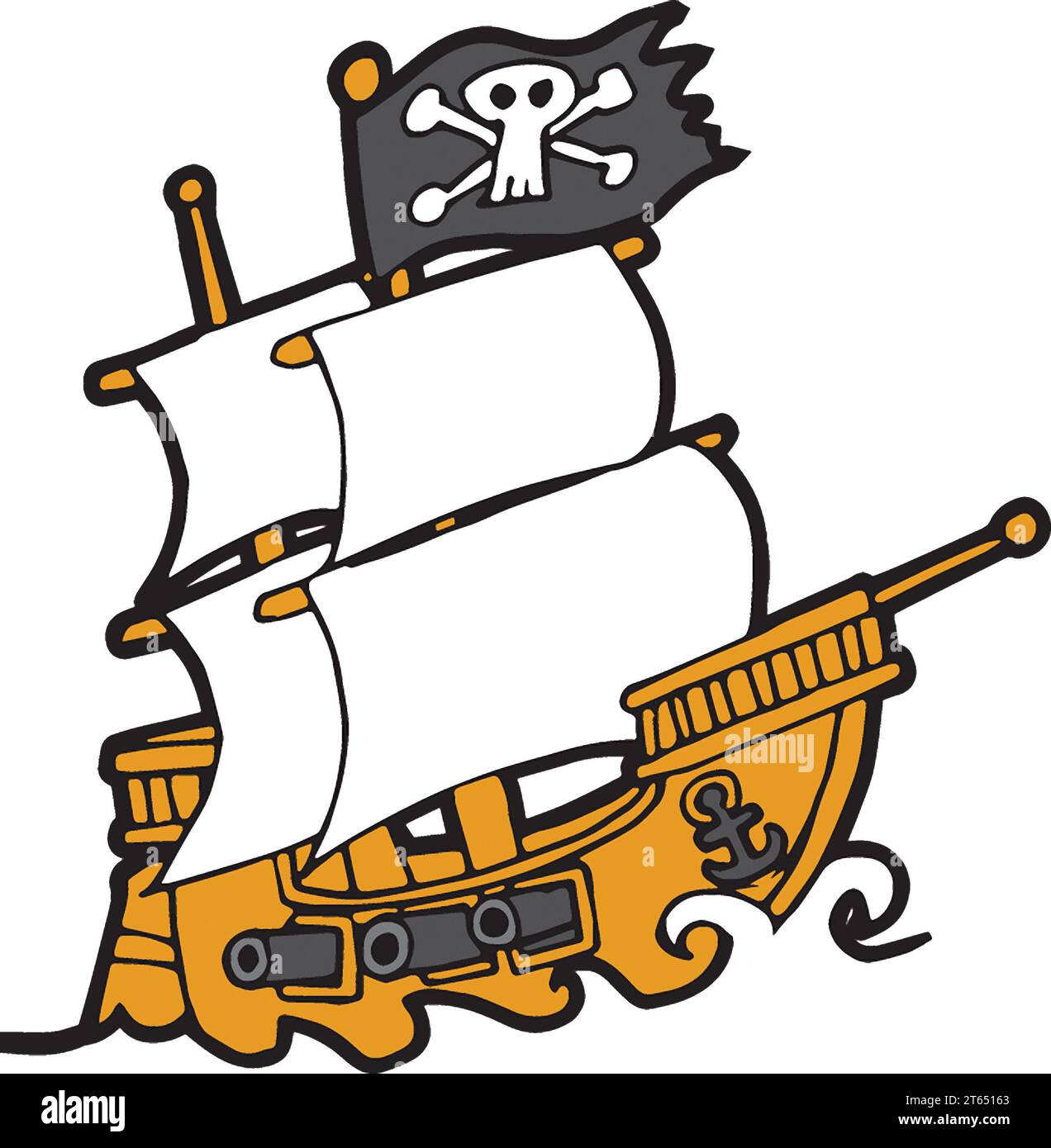 Art de bateau pirate en mer, voiles déployées, ports de canon ouverts, faisant voler le crâne Jolly Roger & crossbones drapeau, costume éducatif, livre, logo concept piratage. Banque D'Images