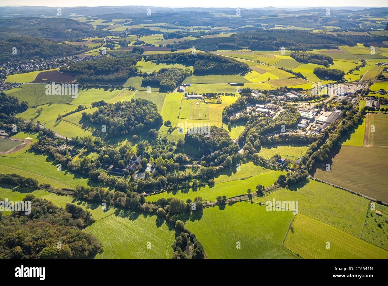 Vue aérienne, zone industrielle Am Pickhammer, broyeur à rouleaux Stüeken - Gransau, étang de moulin dans la zone forestière, Garbecker Hammer, Garbeck, Balve, Sauerland Banque D'Images