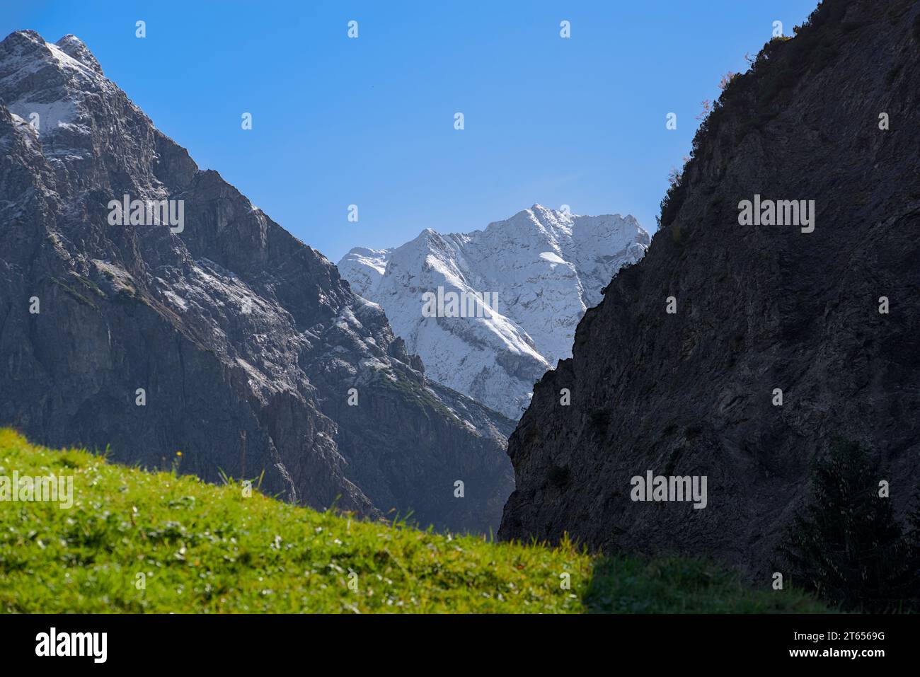 Paysage d'automne dans les alpes. La 'grosse Walsertal' est impressionnante à chaque saison. Voici la première neige sur le sommet de la montagne. Banque D'Images