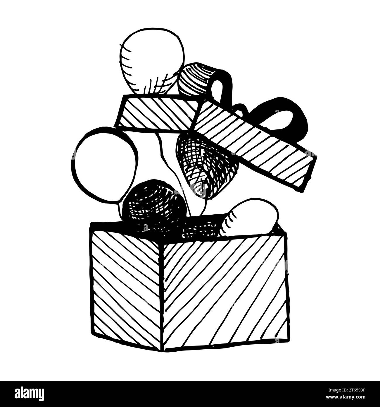 illustration d'une boîte cadeau ouverte noir et blanc avec des ballons. Vecteur de vacances tous les jours Banque D'Images