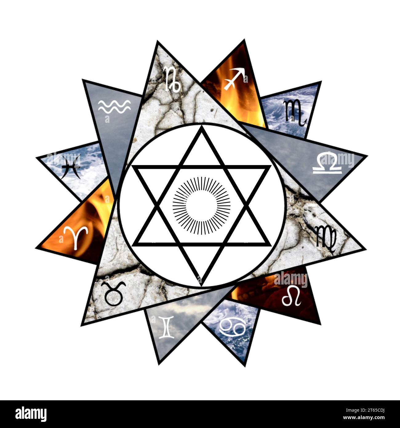 Symboles du zodiaque avec leur élément de base disposés en forme d'étoile et symbole du soleil à l'intérieur Banque D'Images
