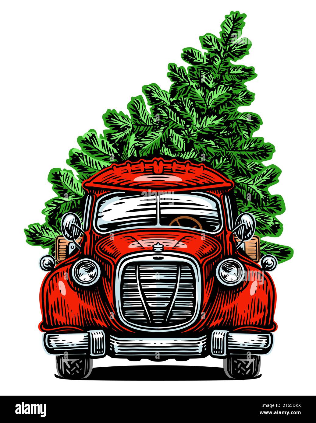 Sapin de Noël dans un camion rétro rouge. Joyeuses fêtes, illustration vectorielle Illustration de Vecteur