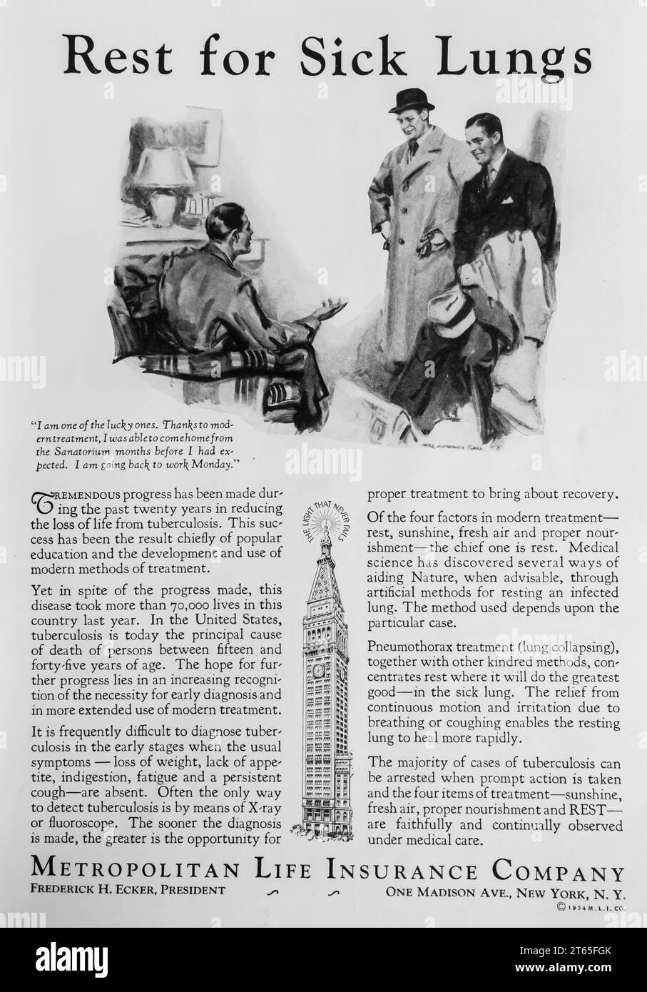 1934 Metropolitan Life Insurance Company ad. 'Reposez-vous pour les poumons malades.' Banque D'Images