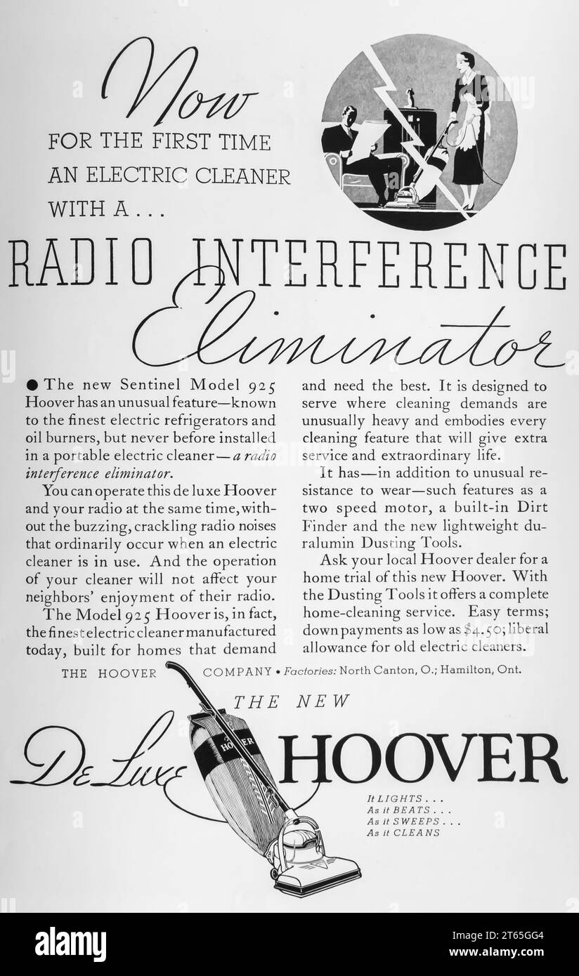 1934 nettoyeur Hoover avec publicité éliminateur d'interférences radio Banque D'Images