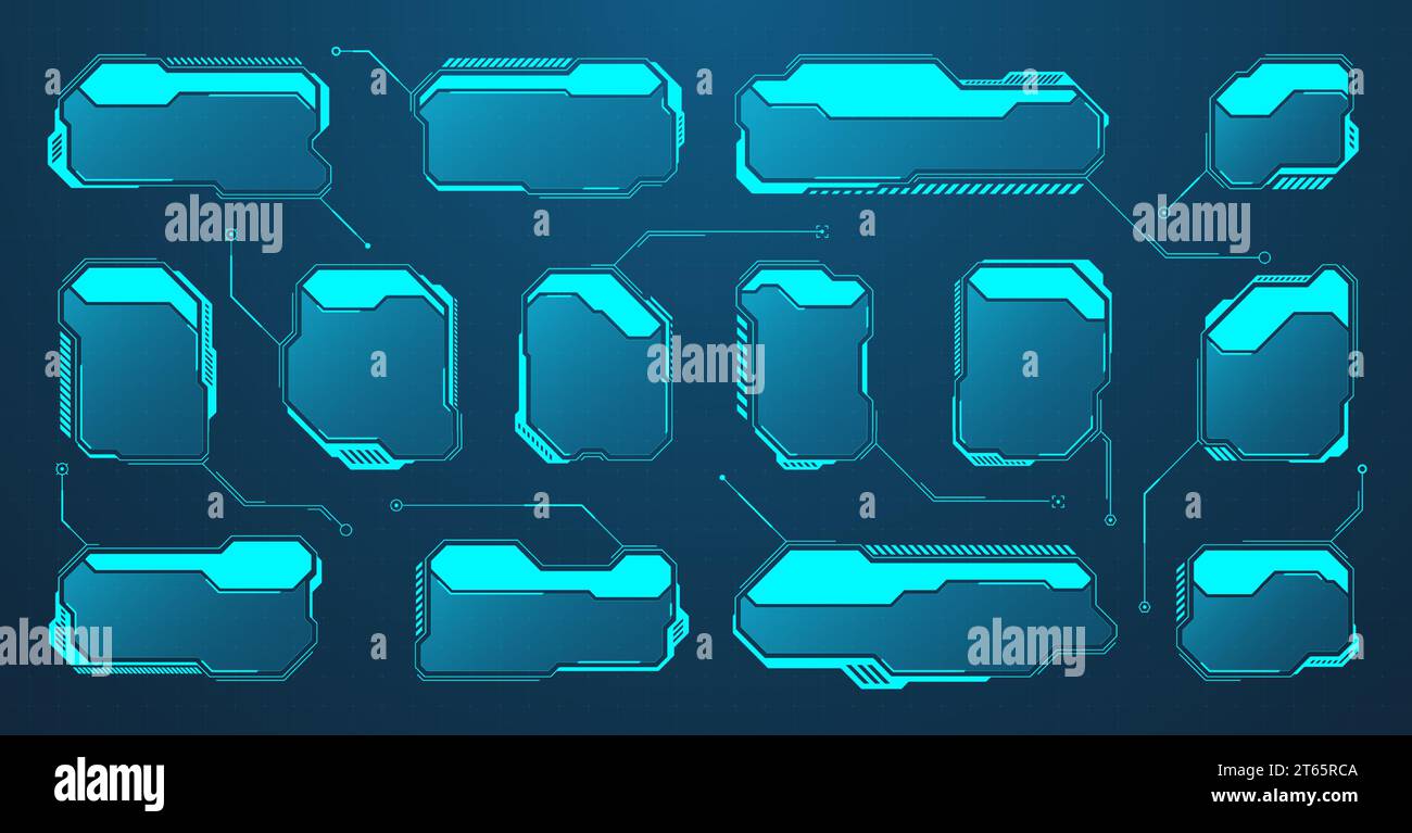 Éléments HUD ou UI futuristes bleus. Zones de texte et légendes de l'interface utilisateur SCI-fi. Cadres de message d'avertissement, modèle de zones d'information. Jeu moderne Illustration de Vecteur