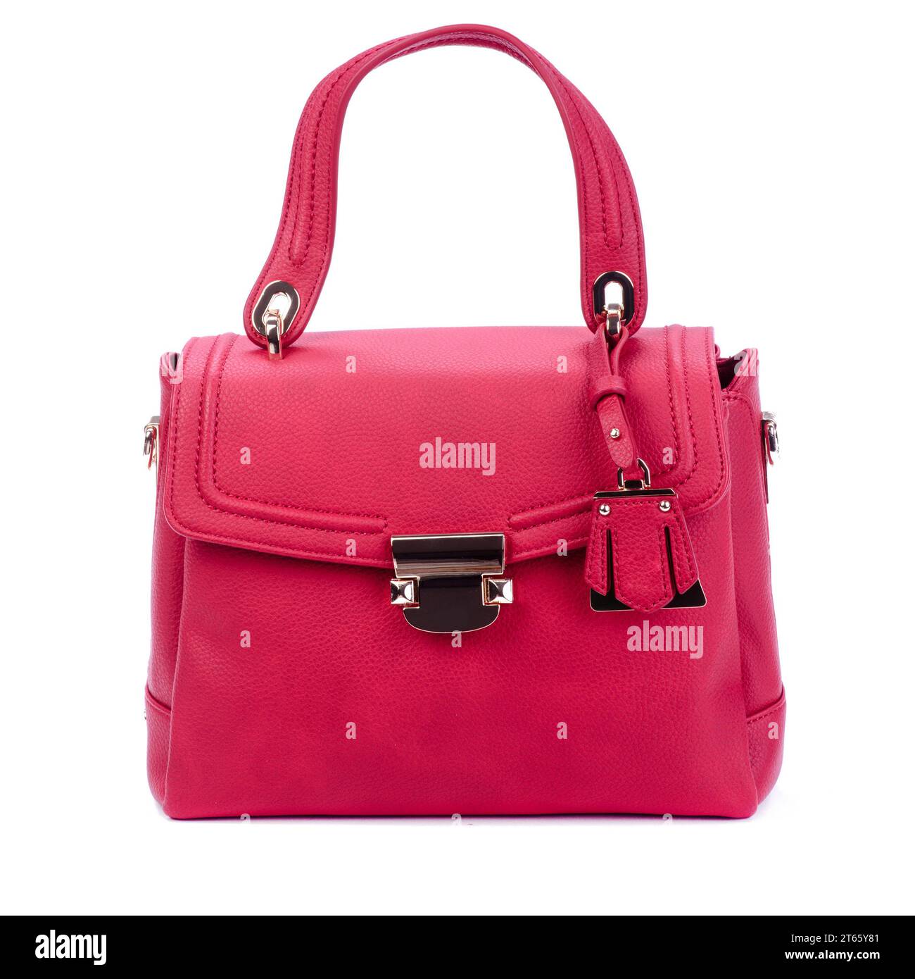 Sac en cuir moderne rose chaud femelle à poignée supérieure avec fermoir en métal et étiquette isolé sur un fond blanc. Accessoires d'été élégants. Maquette pour un Banque D'Images