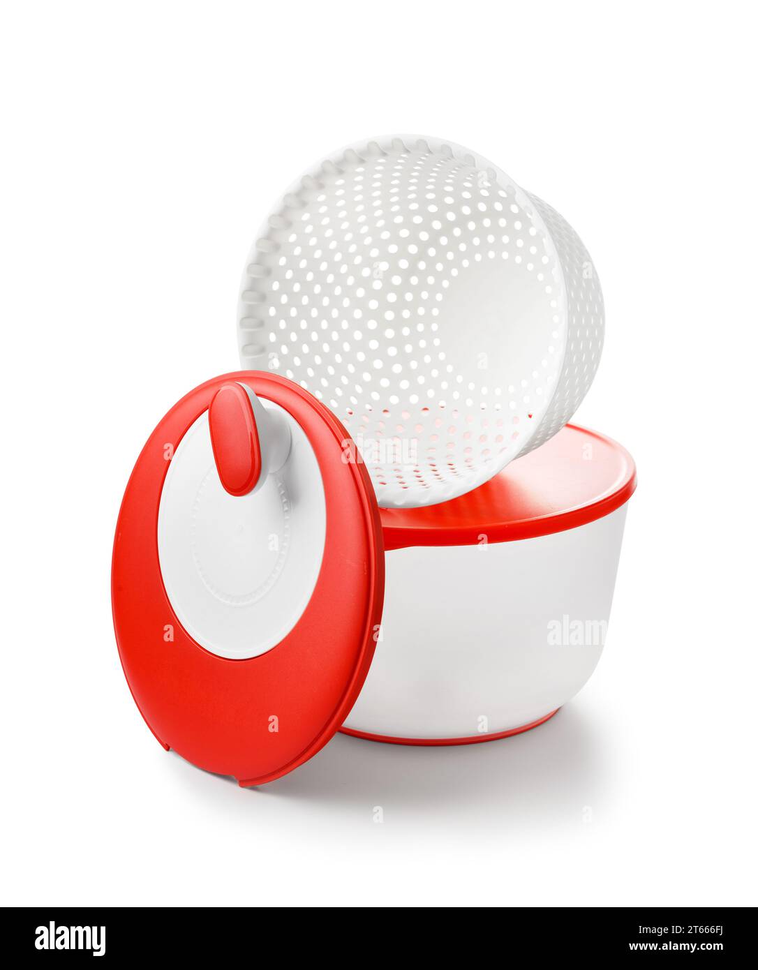 Séchoir à carrousel, centrifugeuse pour légumes verts, baies en éco-plastique. Un récipient avec un couvercle hermétique pour stocker des aliments, un tamis. Set 3 en 1. Banque D'Images