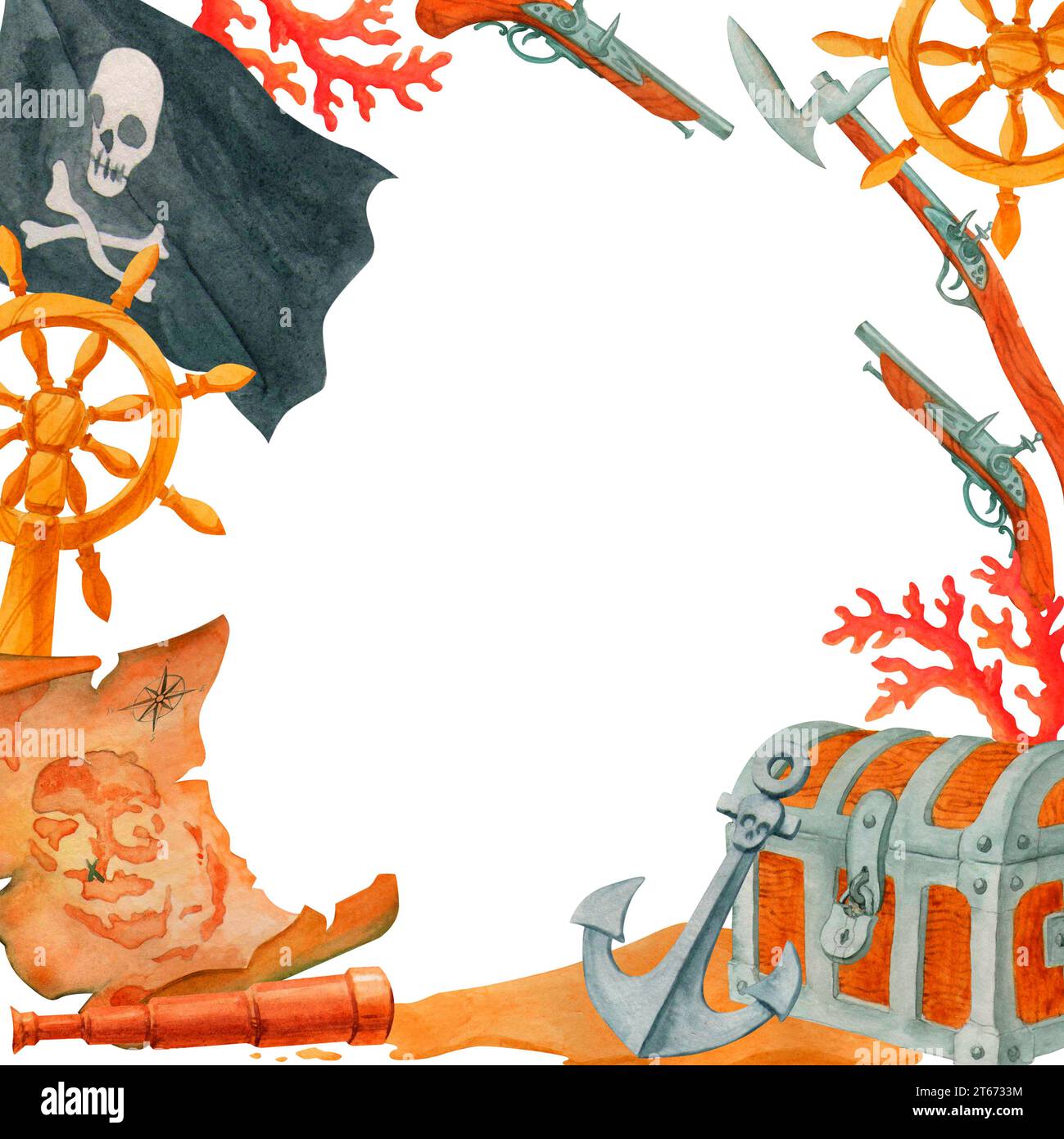 Simple bordure ou cadre, fait de drapeau noir, coraux, carte au Trésor ancienne, spyglass, armes de pirate, coffres, ancre et volant. Col d'eau isolé Banque D'Images