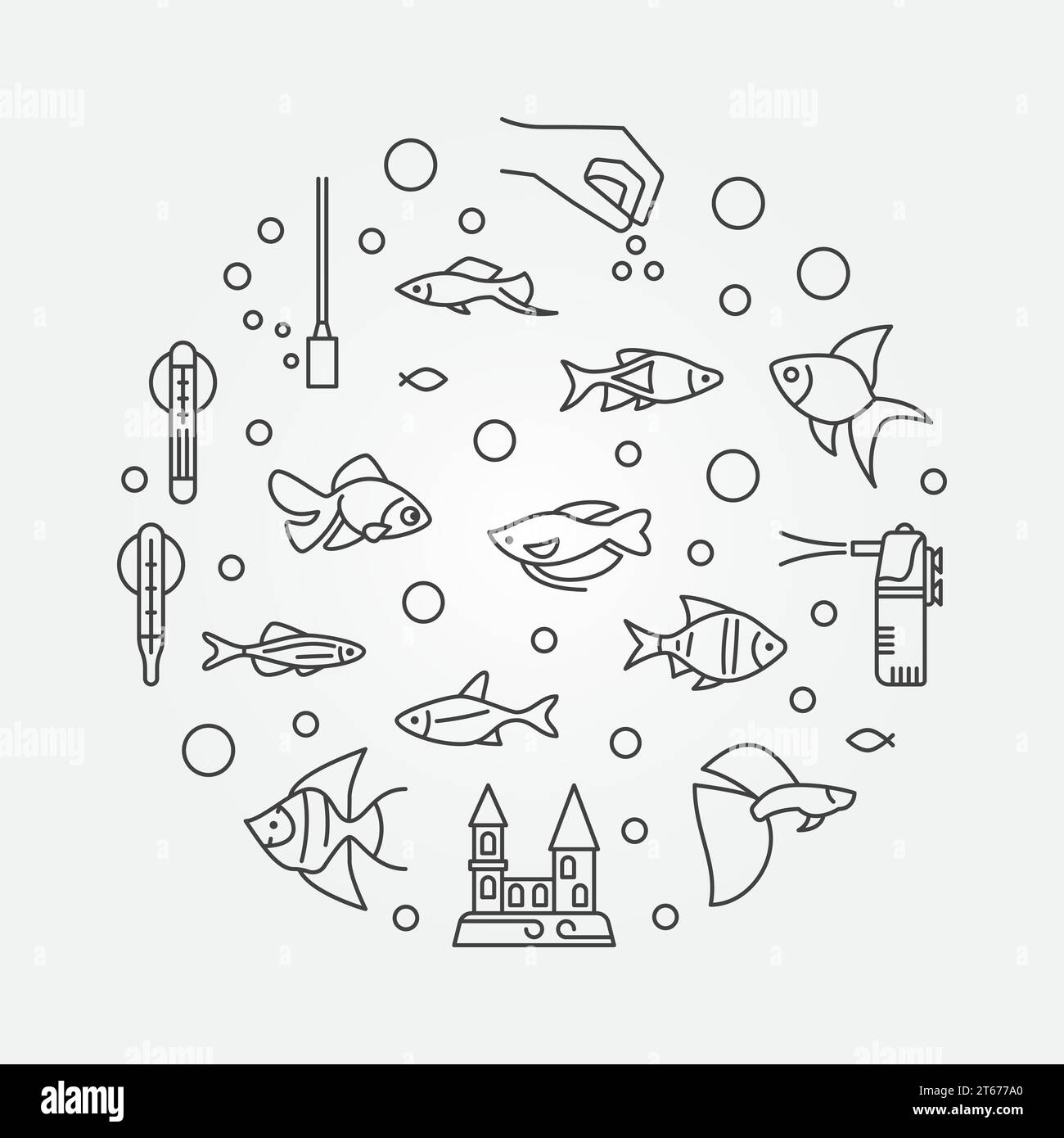 Illustration circulaire vectorielle de concept de réservoir de poisson faite d'équipement d'aquarium, d'alimentation, de château, de chauffage et d'icônes de contour de poisson tropical d'aquarium Illustration de Vecteur