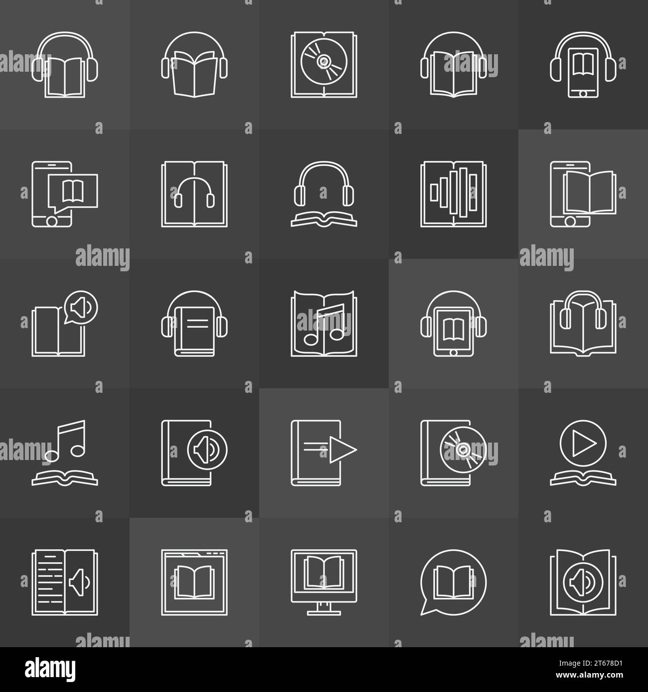 Ensemble d'icônes de livre audio - livres audio vectoriels de contour et signes de livres électroniques sur fond sombre Illustration de Vecteur