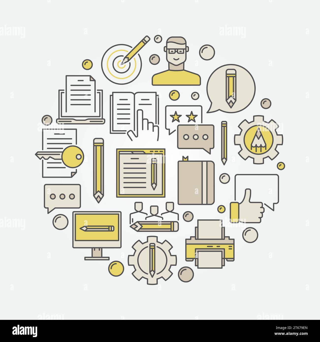 Illustration marketing et copywriting. Vector coloré blogging et signe d'écriture de contenu Web dans une forme circulaire Illustration de Vecteur