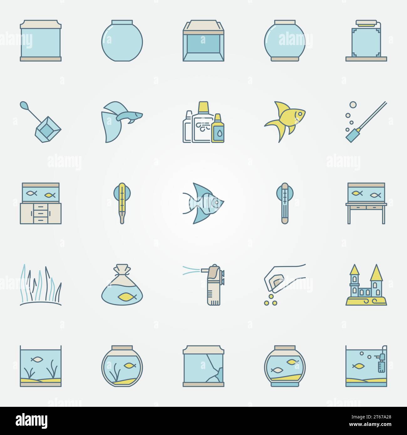 Icônes colorées d'aquarium - ensemble vectoriel de fournitures et accessoires d'aquarium pour les symboles créatifs de poisson ou des éléments de conception Illustration de Vecteur