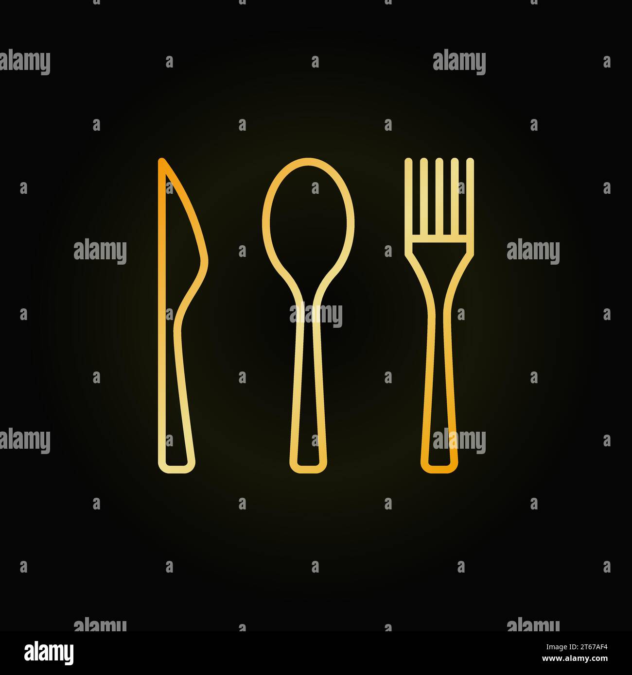 Icône linéaire dorée de coutellerie - signe de couteau vecteur, cuillère et fourchette. Symbole de concept alimentaire ou élément de logo dans le style de ligne mince sur fond sombre Illustration de Vecteur