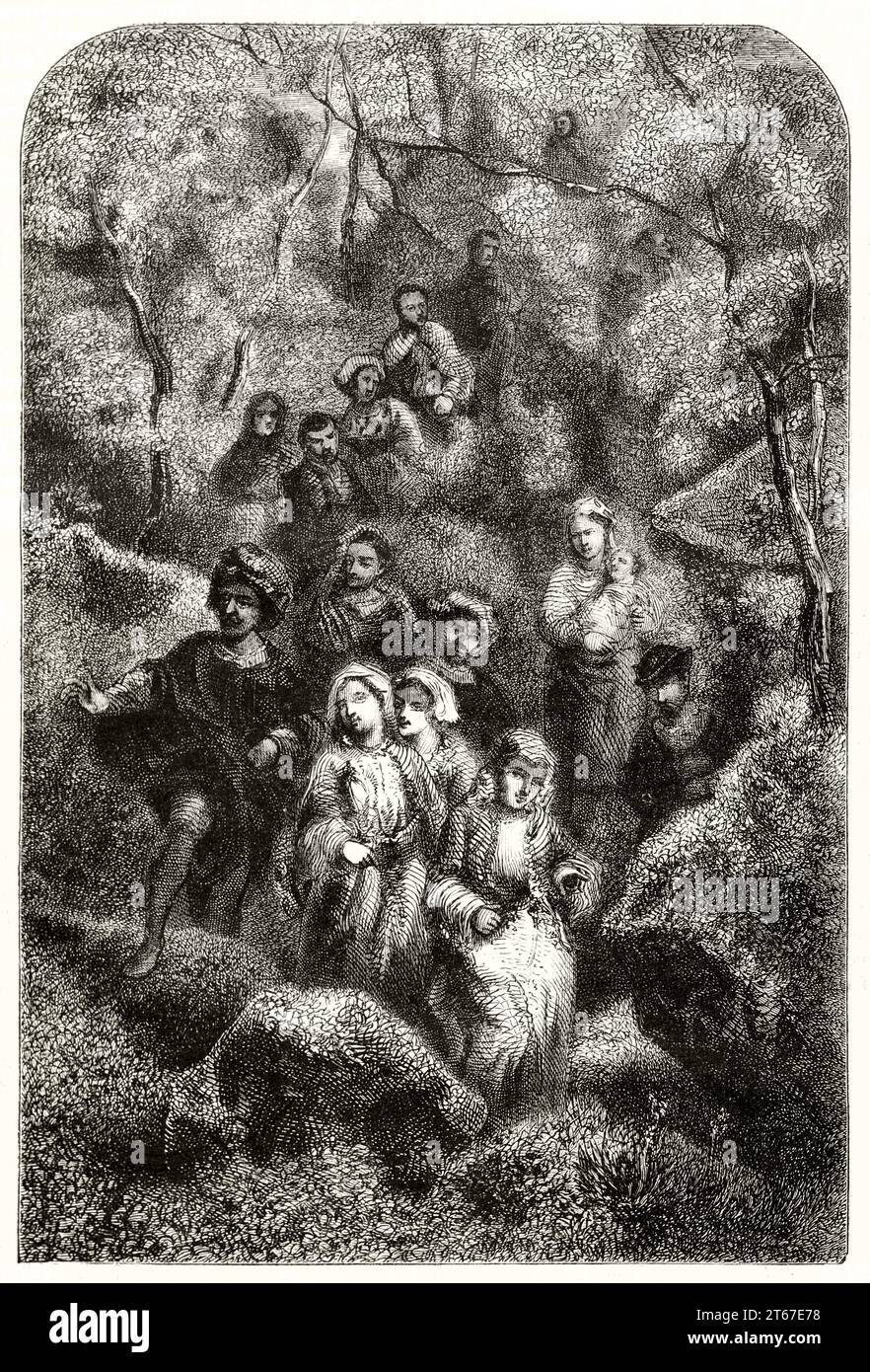 Reproduction d'un tableau de Narcisse Diaz représentant des Bohémiens dans la forêt. Par Geoffroy d'après Diaz, publ. Sur magasin pittoresque, Paris, 1851 Banque D'Images