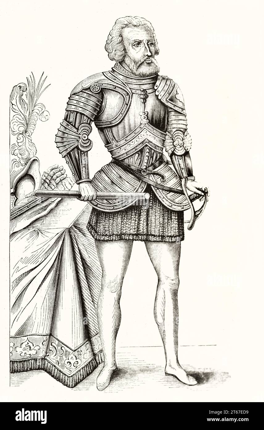 Vieux portrait gravé de Hernan Cortés (1485 – 1547) Conquistador espagnol. Par auteur non identifié, publ. Sur magasin pittoresque, Paris, 1851 Banque D'Images