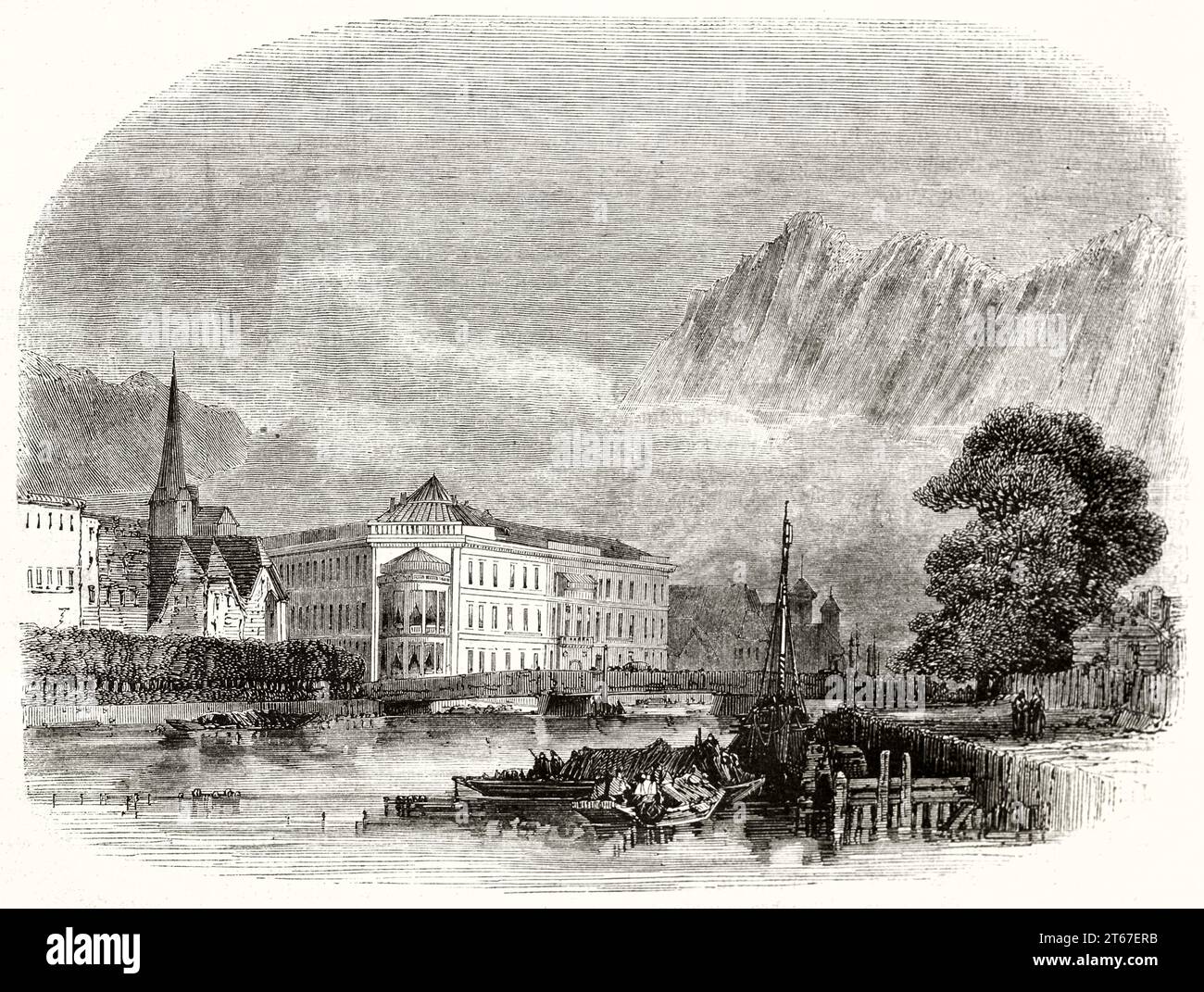 Vue ancienne de l'hôtel Palachini, Ischell, Autriche. Par Grandsire, publ. Sur magasin pittoresque, Paris, 1851 Banque D'Images