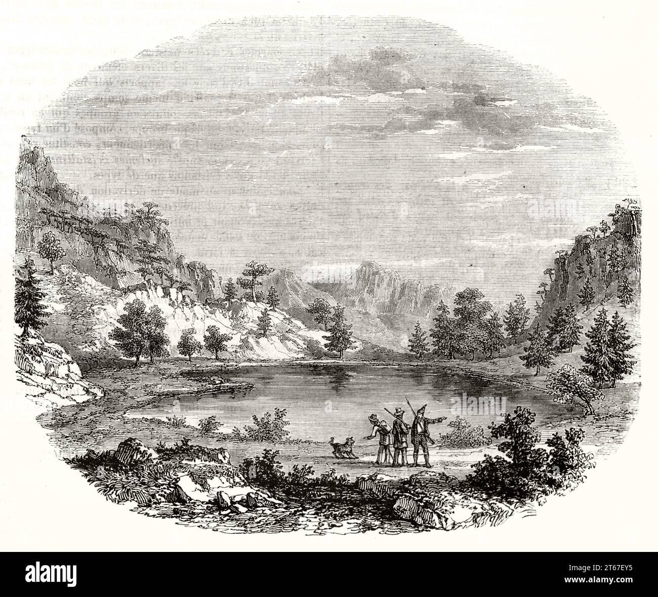 Vue ancienne d'un petit lac de montagne en Corse, France. Par Freeman, publ. Sur magasin pittoresque, Paris, 1851 Banque D'Images