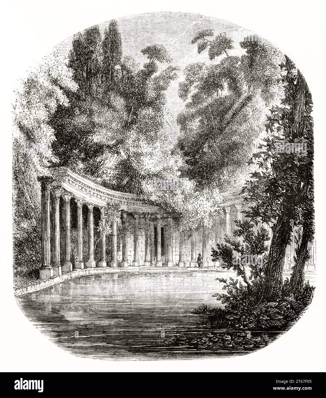 Vue ancienne sur la Naumachie dans le Parc Monceau, Paris. Par Champin, publ. Sur magasin pittoresque, Paris, 1851 Banque D'Images