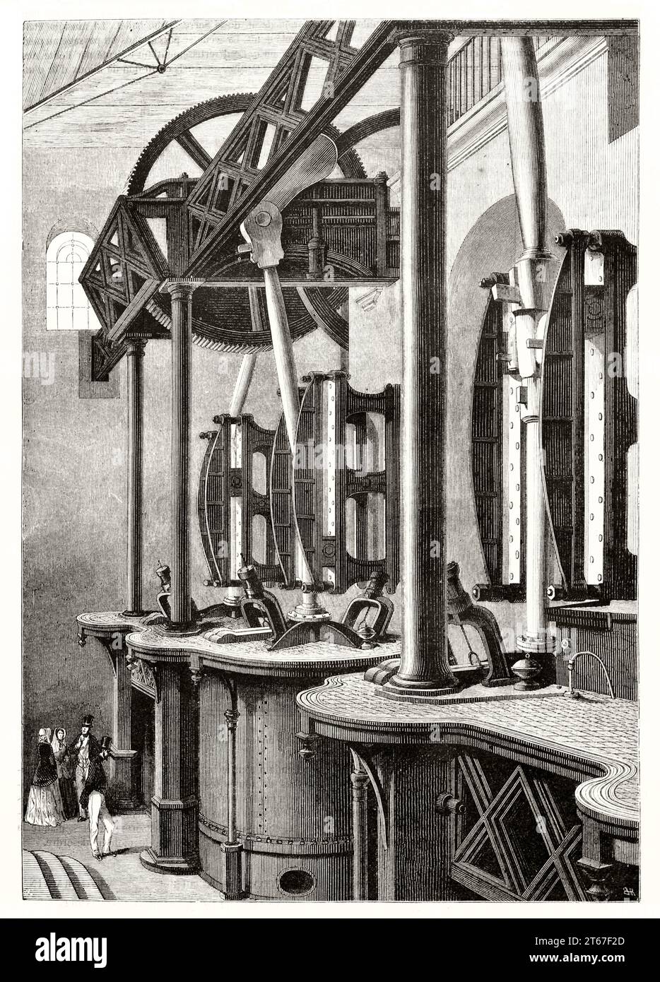 Illustration ancienne des pompes ferroviaires atmosphériques à Paris-Saint-Germain. ByBlanchard, publ. Sur magasin pittoresque, Paris, 1851 Banque D'Images