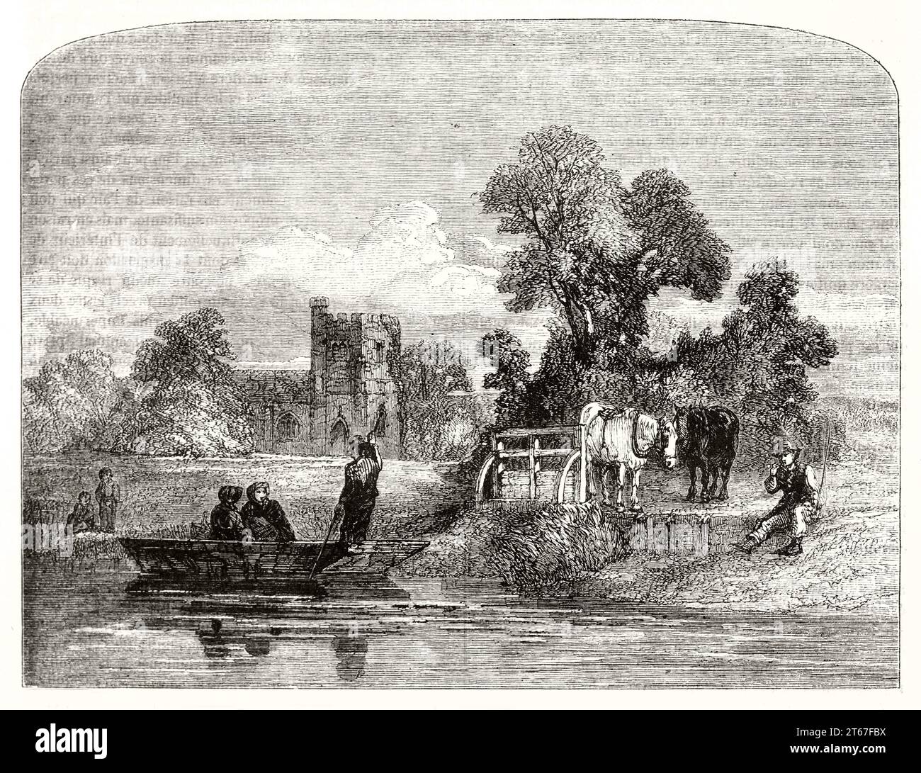 Vue ancienne ou rives de la Tamise, Angleterre. Par Dodgson, publ. Sur magasin pittoresque, Paris, 1851 Banque D'Images