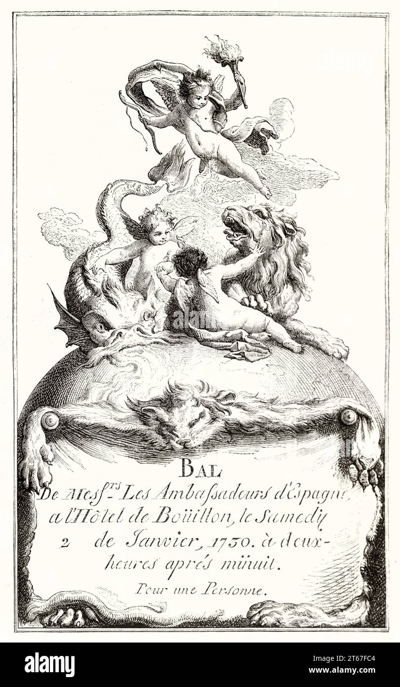 Ancienne reproduction gravée d'un billet pour le bal de l'ambassadeur espagnol à Paris. Publ. Sur magasin pittoresque, Paris, 1851 Banque D'Images