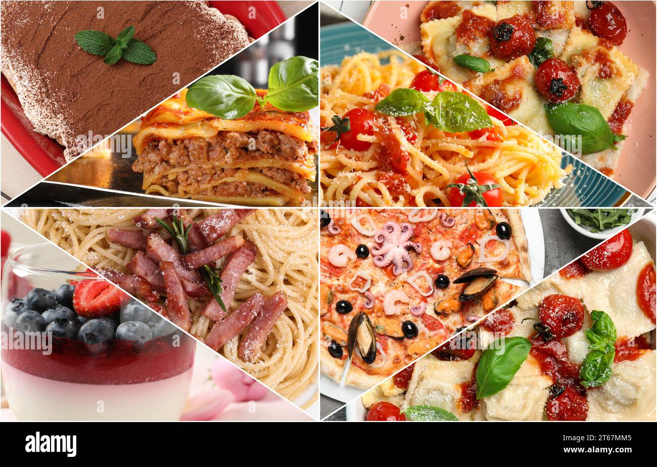 Différents plats italiens savoureux. Collage de pâtes, lasagnes, raviolis, desserts et pizzas Banque D'Images