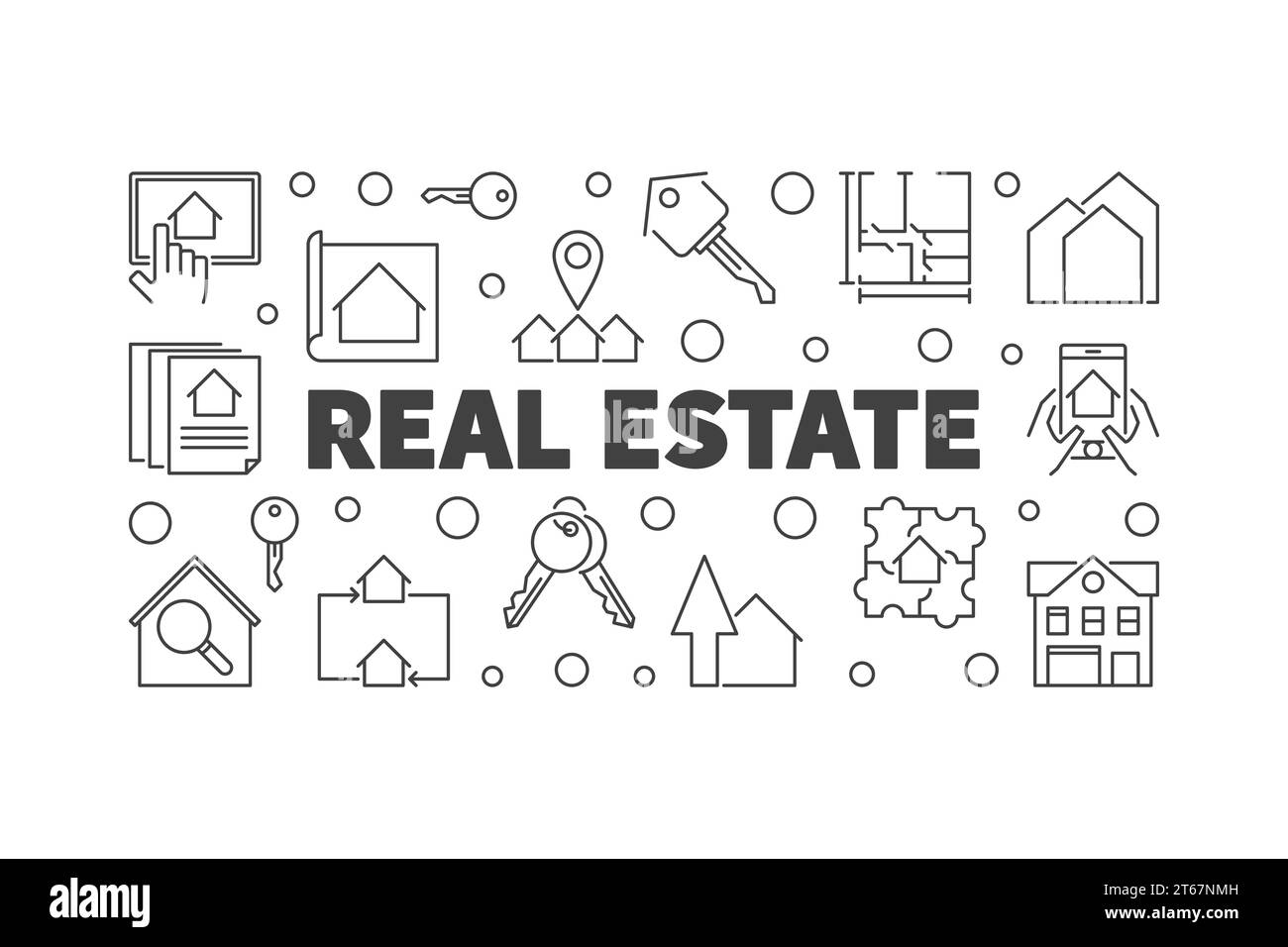 Bannière horizontale de vecteur immobilier ou illustration faite d'icônes de contour Illustration de Vecteur