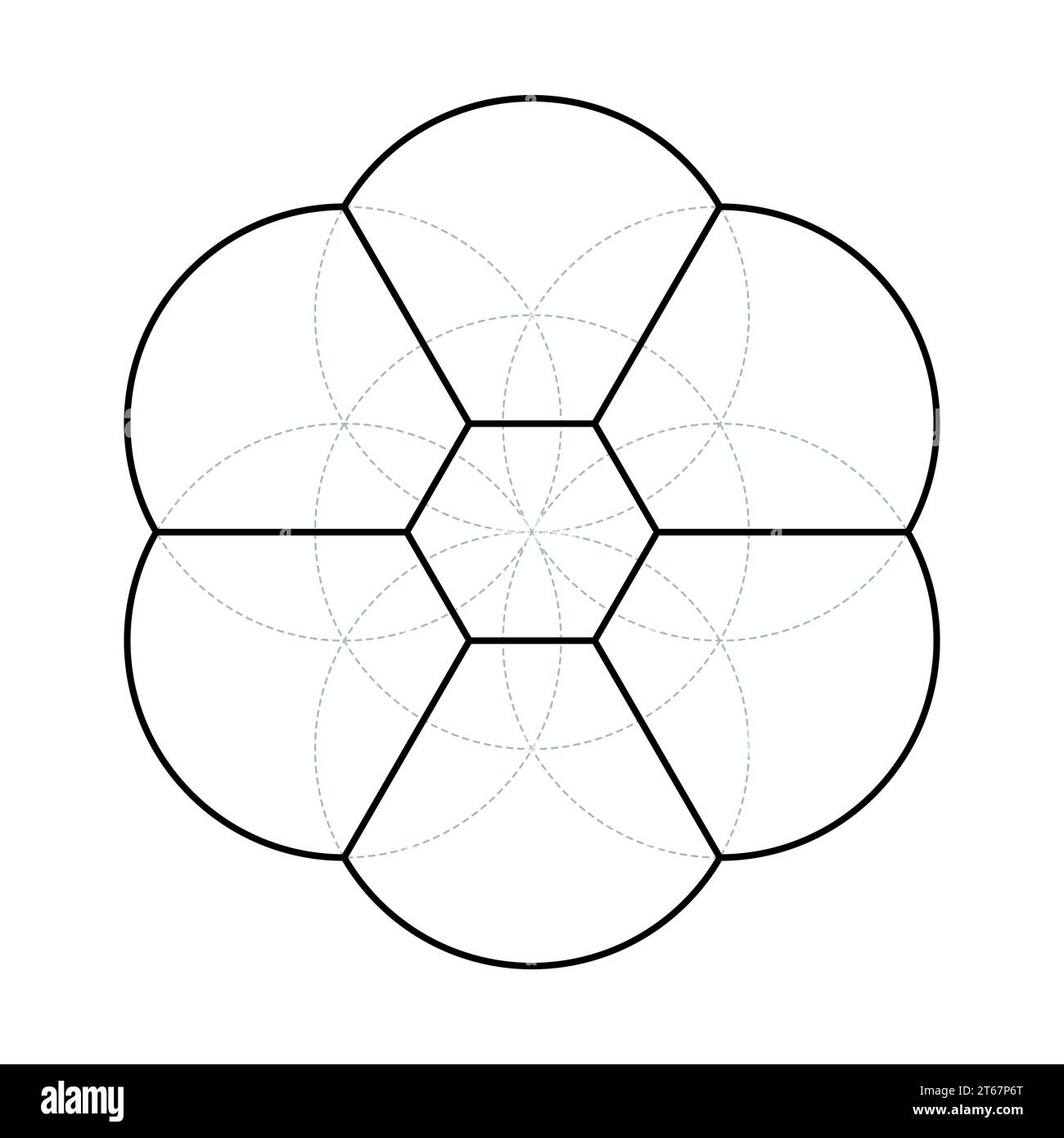 Vue 3D Seed of Life. Figure géométrique ancienne, symbole spirituel et géométrie sacrée. Dérivé de 7 cercles se chevauchant formant un motif semblable à une fleur. Banque D'Images