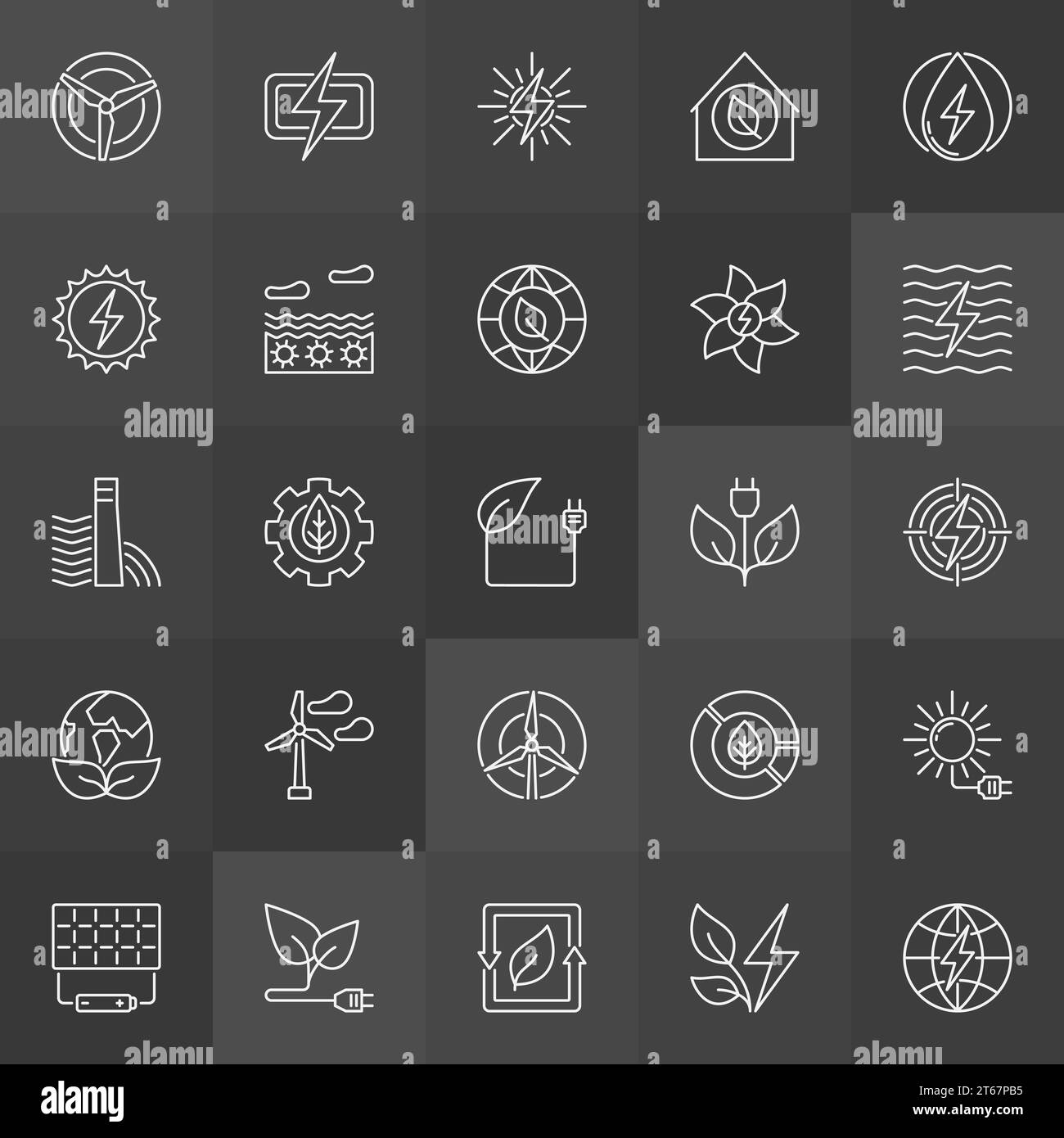Icônes vertes d'énergie écologique - ensemble vectoriel de panneaux de contour de vent, solaire, hydro, bio-énergie et de puissance sur fond sombre Illustration de Vecteur