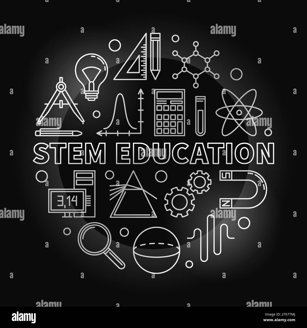 Illustration argentée ronde de vecteur STEM Education dans un style linéaire - symbole conceptuel de science, technologie, ingénierie et mathématiques sur fond sombre Illustration de Vecteur