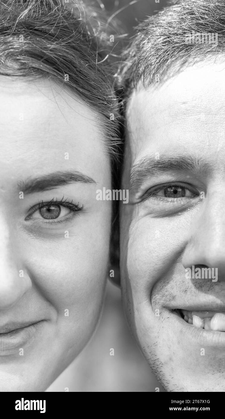 Gros plan du visage de l'homme et de la femme proches l'un de l'autre. Banque D'Images