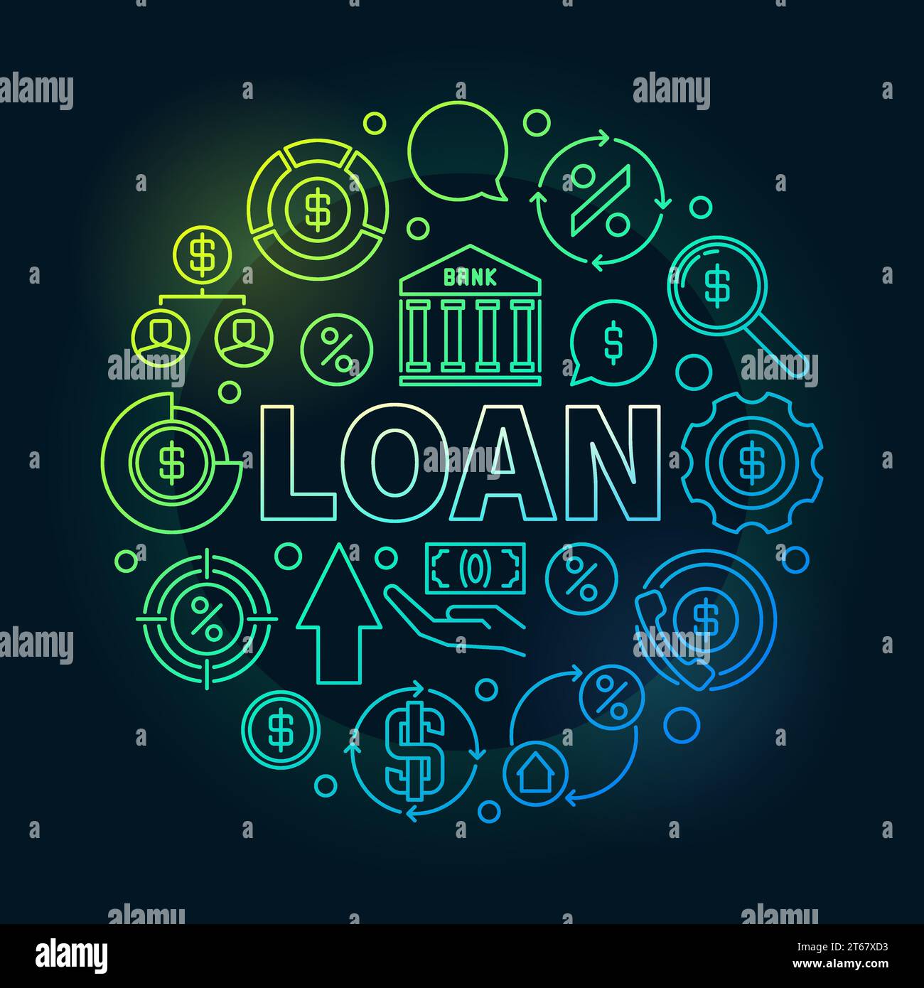 Contour rond de prêt illustration colorée - symbole créatif d'affaires vectoriel fait avec des icônes DE PRÊT DE mot et de finance dans le style de ligne mince sur fond sombre Illustration de Vecteur