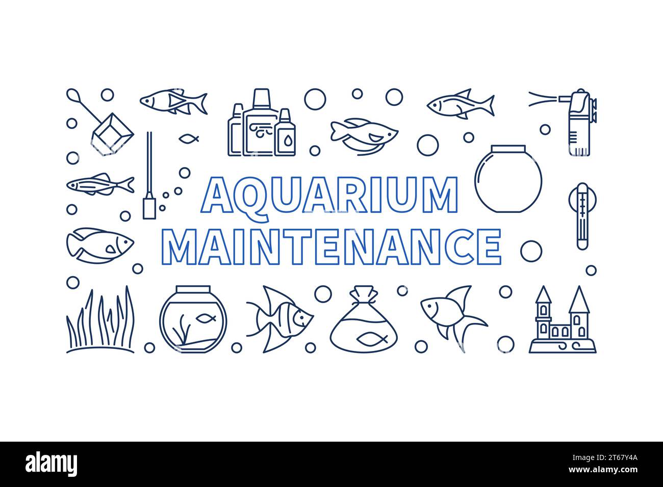 Bannière horizontale de vecteur d'entretien d'aquarium ou illustration faite d'accessoires d'aquarium, réservoir de poisson, château, chauffage et icônes de contour de poisson tropical Illustration de Vecteur