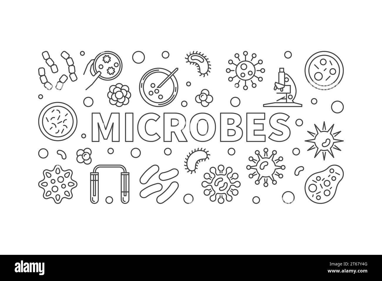 Microbes illustration de ligne mince horizontale. Bannière de concept de vecteur faite avec des icônes linéaires de virus et de microbes Illustration de Vecteur