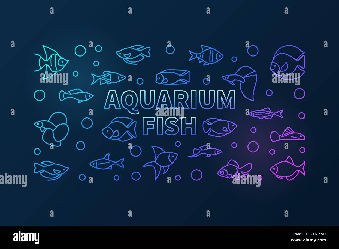 Bannière horizontale colorée de vecteur de poisson d'aquarium dans le style de ligne mince. Illustration de concept de poisson d'aquarium tropical exotique sur fond sombre Illustration de Vecteur