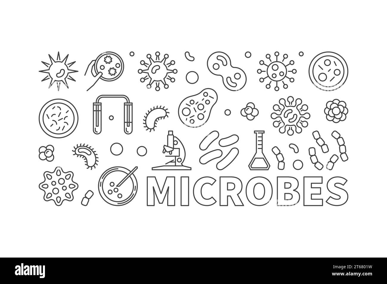 Bannière de contour de microbes de vecteur - illustration de concept faite avec des bactéries et des icônes de contour de microbe Illustration de Vecteur