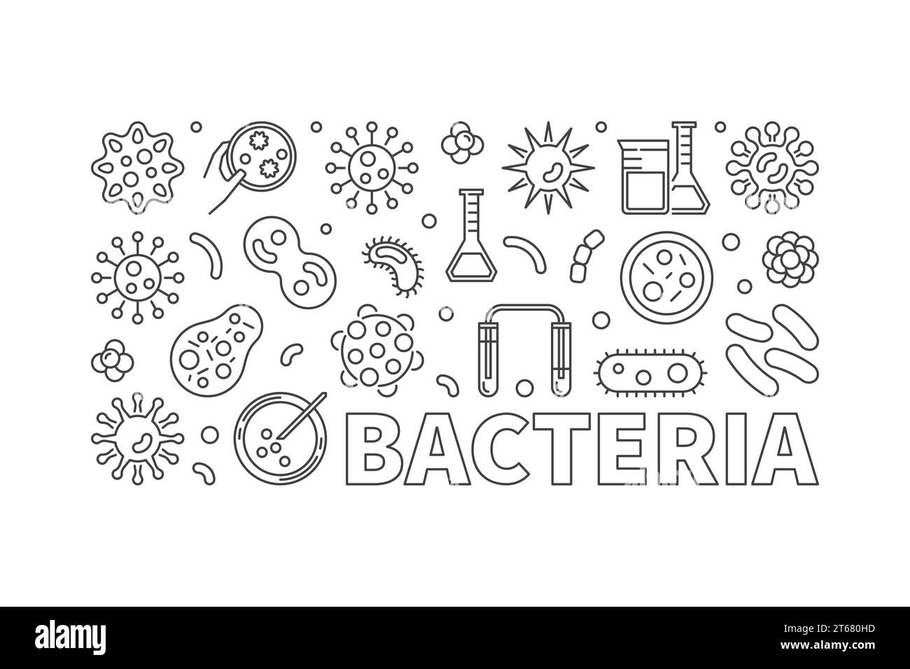 Bannière vectorielle de contour de bactéries - illustration de concept faite avec des icônes de contour de bactéries et de microbes Illustration de Vecteur