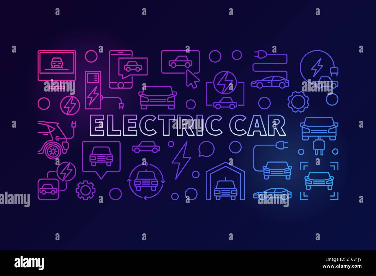 Illustration linéaire horizontale colorée de voiture électrique ou bannière de concept EV sur fond sombre Illustration de Vecteur