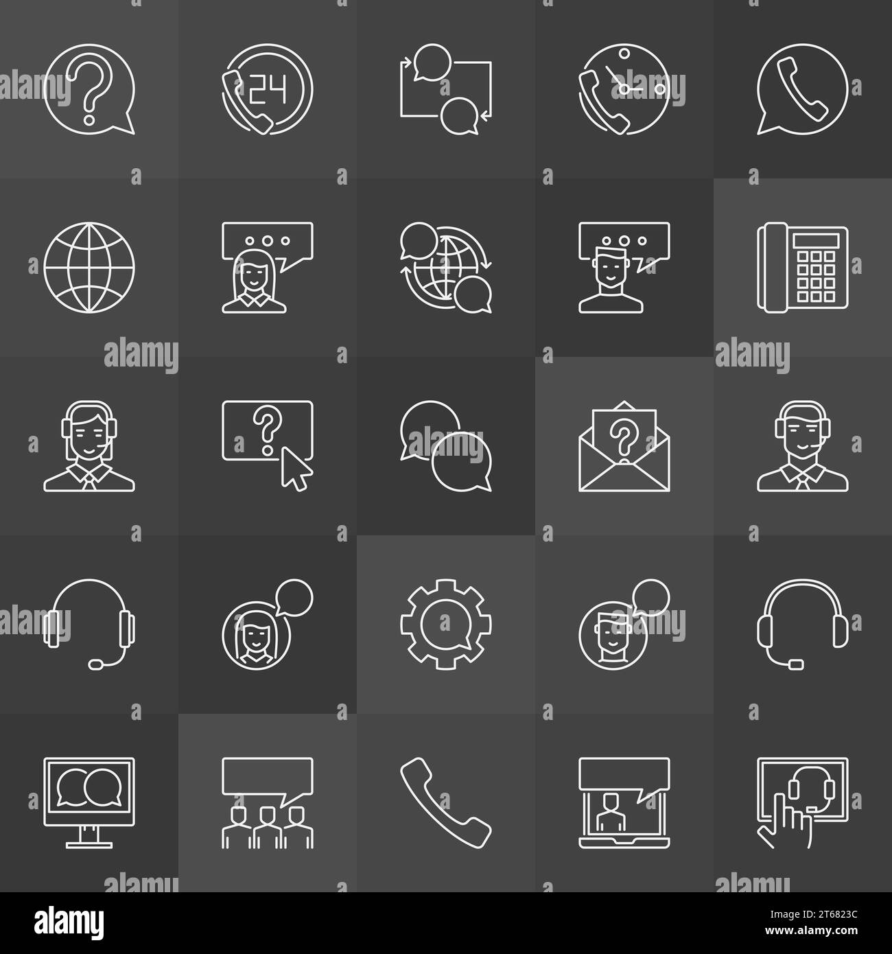 Icônes de support client - collection vectorielle de signes de contour de concept de service de support sur fond sombre Illustration de Vecteur