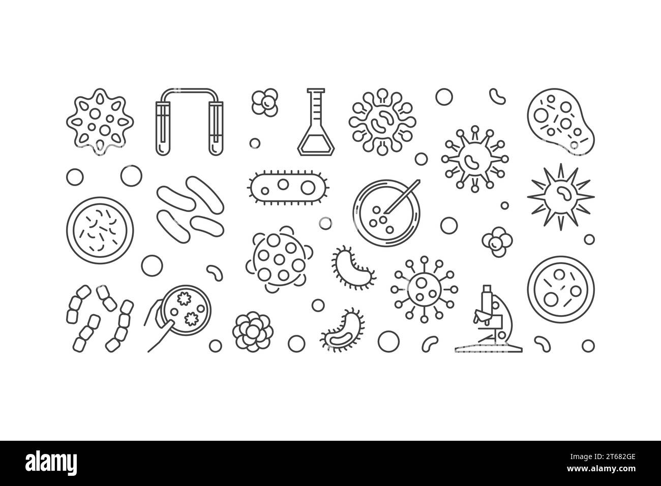 Illustration microbe ou bannière horizontale faite avec des icônes de concept de bactéries et de microbes sur fond blanc Illustration de Vecteur
