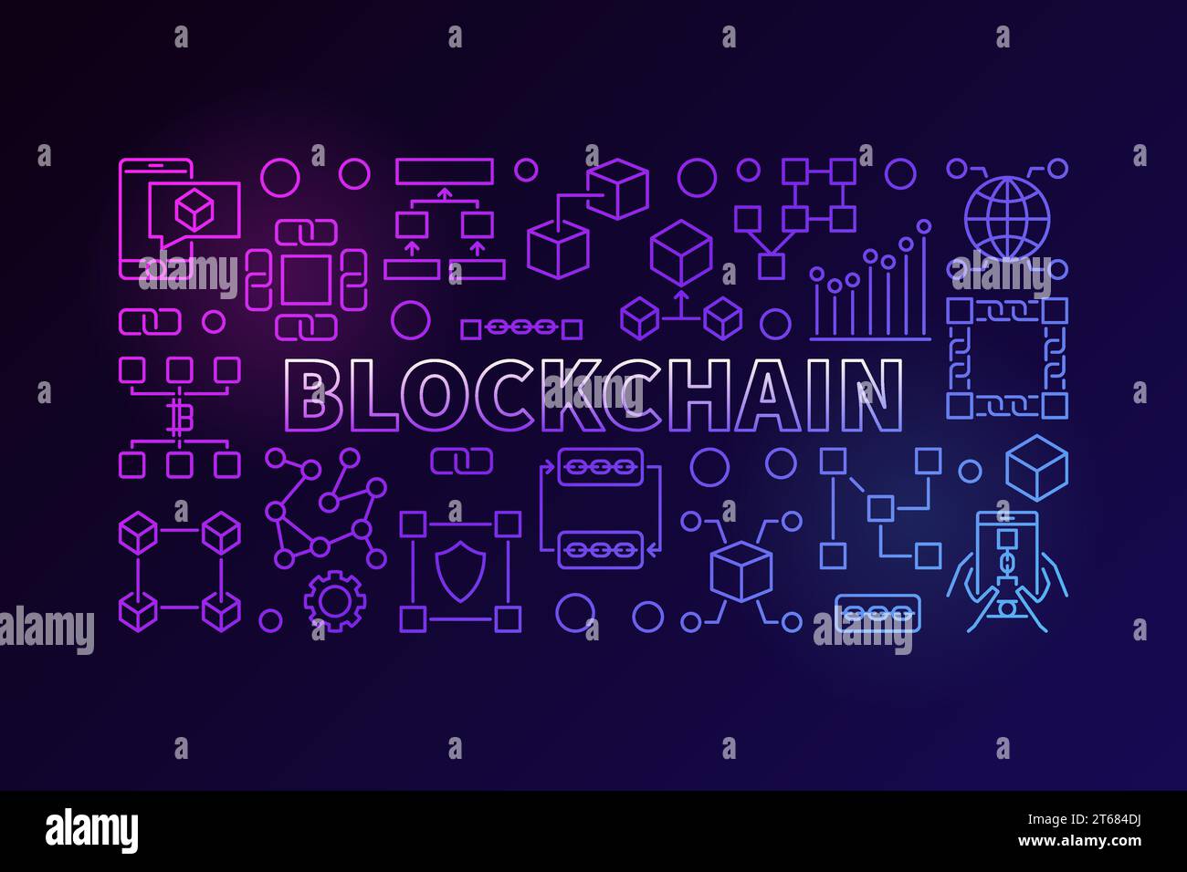 Bannière technologique faite avec des icônes de ligne de chaîne de blocs et mot BLOCKCHAIN à l'intérieur sur fond sombre Illustration de Vecteur