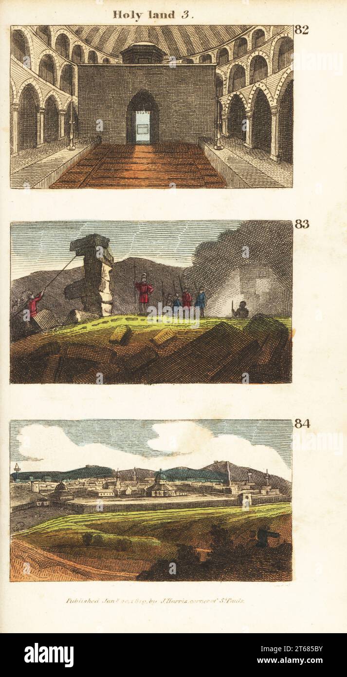 Vues historiques de la Terre Sainte. L'église du Saint-Sépulcre 82, la destruction de Jérusalum par l'empereur Tite 83 et Jérusalem moderne 84. Gravure sur cuivre colorée à la main de scènes du révérend Isaac Taylors en Asie, pour le divertissement et l'instruction de petits voyageurs Tarry-at-Home, John Harris, Londres, 1819. Banque D'Images