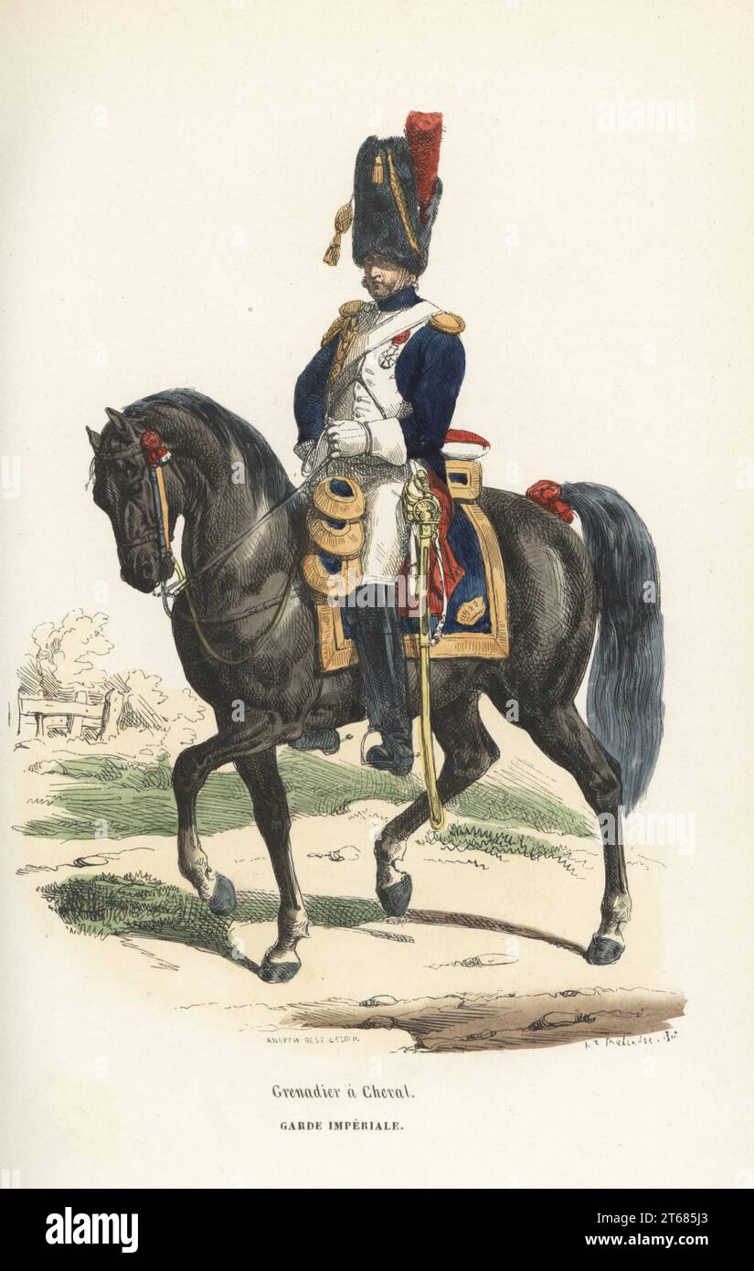 Uniforme d'un grenadier monté de la Garde impériale, 1804-1815. En peau d'ours avec panache, manteau bleu avec épaulettes et aiguillettes dorées, culottes et bottes, armé d'une épée droite. Grenadier a Cheval, Garde Imperiale. Gravure sur bois coloriée par Andrew Best Leloir d'après une illustration de Hippolyte Bellangé de P.M. Laurent de lArdeches Histoire de Napoleon, Paris, 1840. Banque D'Images