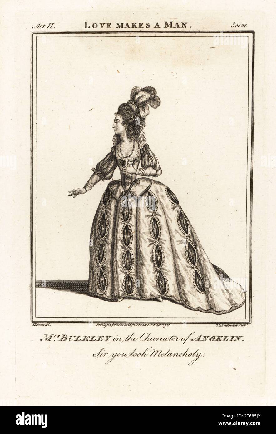 Mme Mary Bulkley dans le personnage d'Angelina dans Colley Cibbers Love Make a Man, Covent Garden Theatre, 1768. Miss Bulkley, plus tard Mme Barresford, était une danseuse anglaise du 18e siècle et actrice de théâtre comique 1747/8-1792. Gravure sur cuivre de J. Thornthwaite d'après une illustration de James Roberts du Bells British Theatre, composée des pièces anglaises les plus appréciées, John Bell, Londres, 1776. Banque D'Images