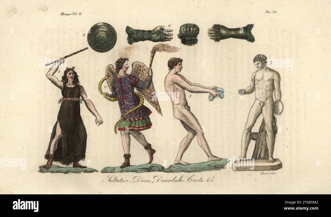 Les athlètes grecs et leurs outils. Un Longjumper avec poids 3, disque 4, lanceur de disque ou Discobolus 5, cestus ou caestus gants 6. Saltatore, Disco, Discobulo, Cesto, & c.. Gravure sur cuivre coloriée à la main par Giovanni Antonio Sasso de Giulio Ferrarios costumes ancien et moderne des peuples du monde, il Costume Antico e Moderno, Florence, 1826. Banque D'Images