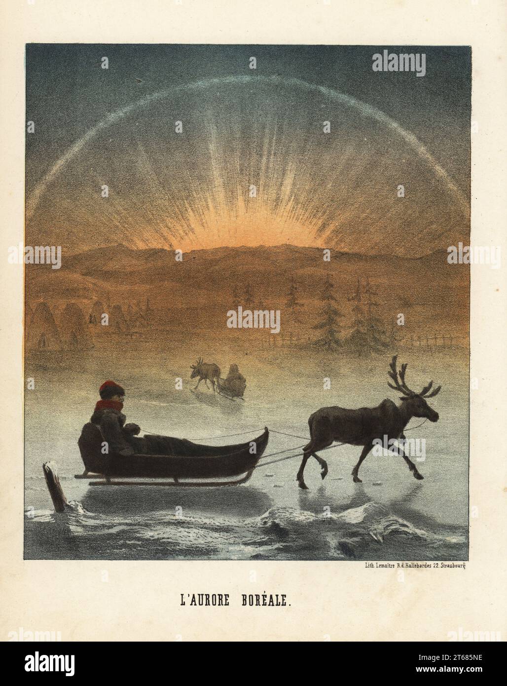 Laplander ou Sami homme sur une luge devant l'Aurora Borealis. Le traîneau est dessiné par un renne devant des tentes lavvu traditionnelles. Laurore boreale. Lithographie coloriée à la main par Emile Lemaitre de Munerelles les Phenomenes et Curiosites de la nature, Libraire Derivaux, Strasbourg, 1856. Banque D'Images Laplander ou Sami homme sur une luge devant l'Aurora Borealis. Le traîneau est dessiné par un renne devant des tentes lavvu traditionnelles. Laurore boreale. Lithographie coloriée à la main par Emile Lemaitre de Munerelles les Phenomenes et Curiosites de la nature, Libraire Derivaux, Strasbourg, 1856. Banque D'Images