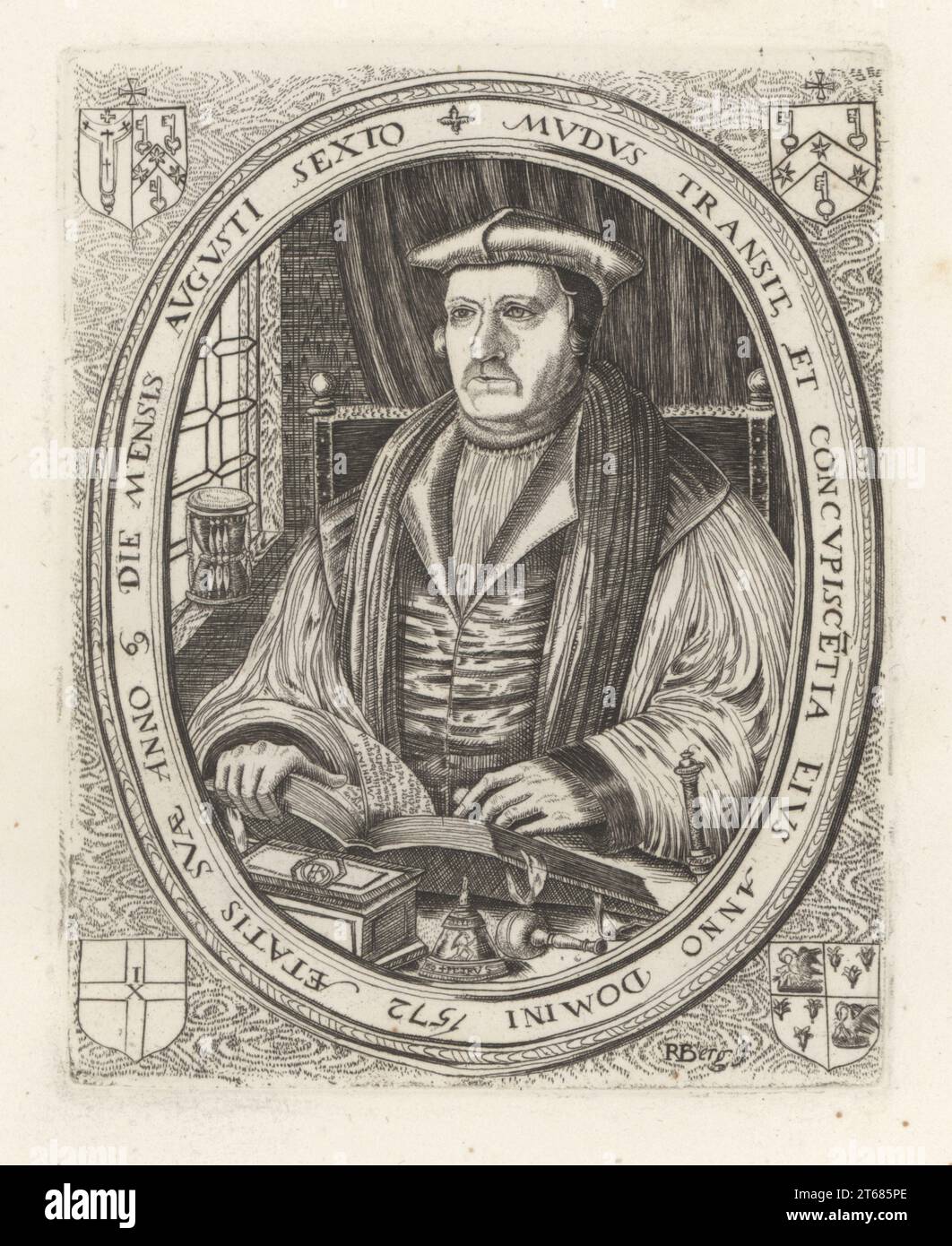 Matthew Parker, évêque anglais, 1504-1575. Archevêque de Canterbury dans l'Église d'Angleterre de 1559 jusqu'à sa mort en 1575. Parker, archevêque de Canterbury. D'après une gravure rare de Remigius Hogenberg. Augusti Sexto Mudus Transit et Concupiscetita eius, AD 1572 Aetatis 69 Die Mensis. Gravure sur cuivre de Samuel Woodburns Gallery of rare Portraits consistant en plaques originales, George Jones, 102 St Martins Lane, Londres, 1816. Banque D'Images