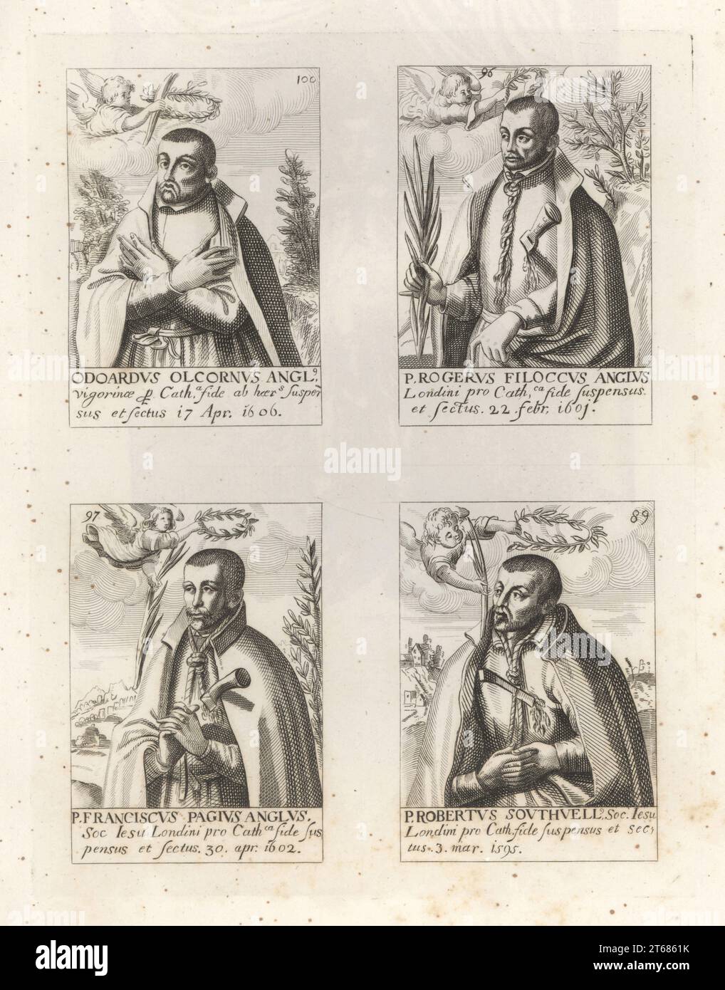 Portraits de martyrs jésuites, catholiques anglais tués au 17e siècle. Couronné de couronnes de Laurier par des anges, plusieurs avec le nœud coulant et la dague du bourreau, tenant des frondes de palmier. Edward Oldcorne 1606, Roger Filcock 1601, Franciscus Pagius 1602 et Robert Southwell 1595. Gravure sur cuivre de Samuel Woodburns Gallery of rare Portraits consistant en plaques originales, George Jones, 102 St Martins Lane, Londres, 1816. Banque D'Images
