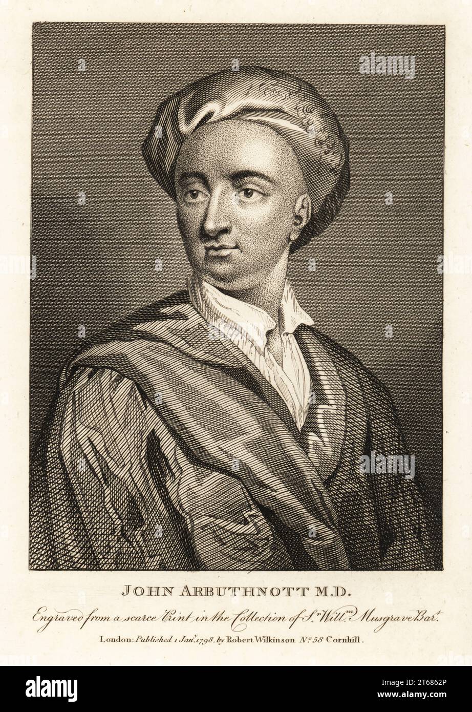 John Arbuthnot FRS, médecin écossais, satiriste et polymathe, 1667-1735. John Arbuthnott M.D. gravé à partir d'un tirage rare de la collection de Sir William Musgrave d'après un portrait de Godfrey Kneller. Gravure sur cuivre de John Smiths Iconographia Scotica, ou portraits d'illustres personnages d'Écosse, Robert Wilkinson, 58 Cornhill, Londres, 1798. Banque D'Images