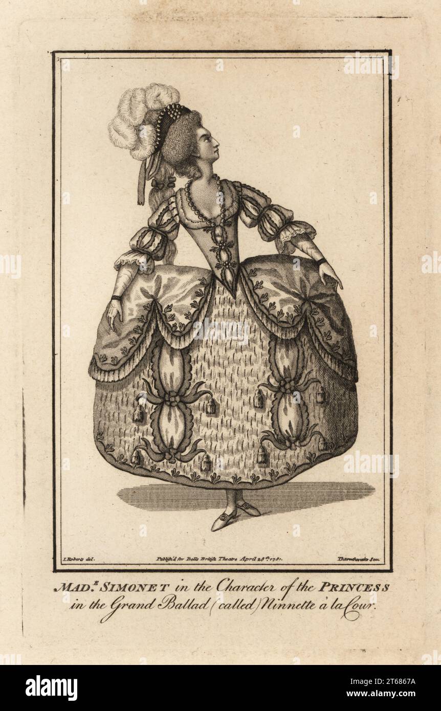 Madame Adelaide Simonet dans le personnage de la princesse Ninette dans Gaetan Appoline Balthazar Vestriss Grand Ballet appelé Ninette à la Cour, Kings Theatre, 1781. Adélaïde de Camp épouse le danseur Louis Simonet et l'accompagne en Angleterre dans les années 1770 Gravure sur cuivre de J. Thornthwaite d'après une illustration de James Roberts du Bells British Theatre, composée des pièces anglaises les plus appréciées, John Bell, Londres, 1781. Banque D'Images